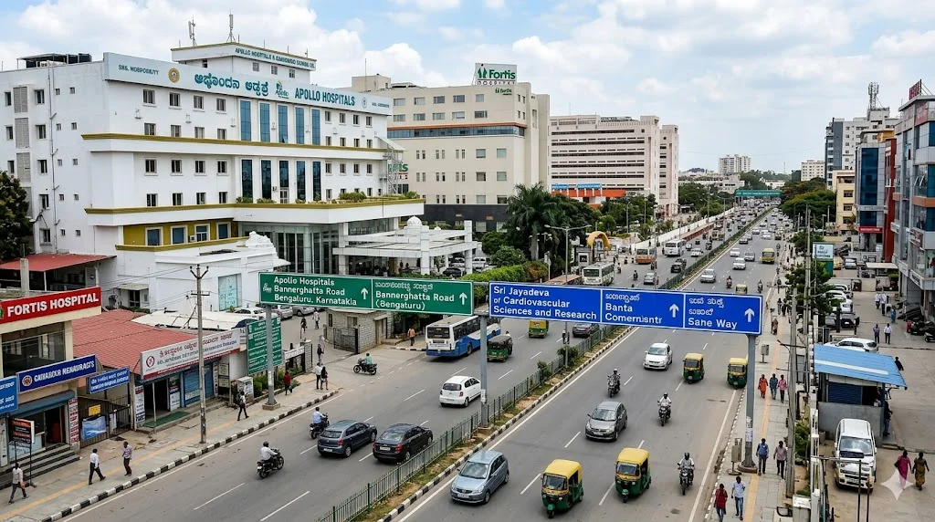 Exterior view of world-class healthcare facilities like Apollo and Fortis Hospitals located in South Bangalore.